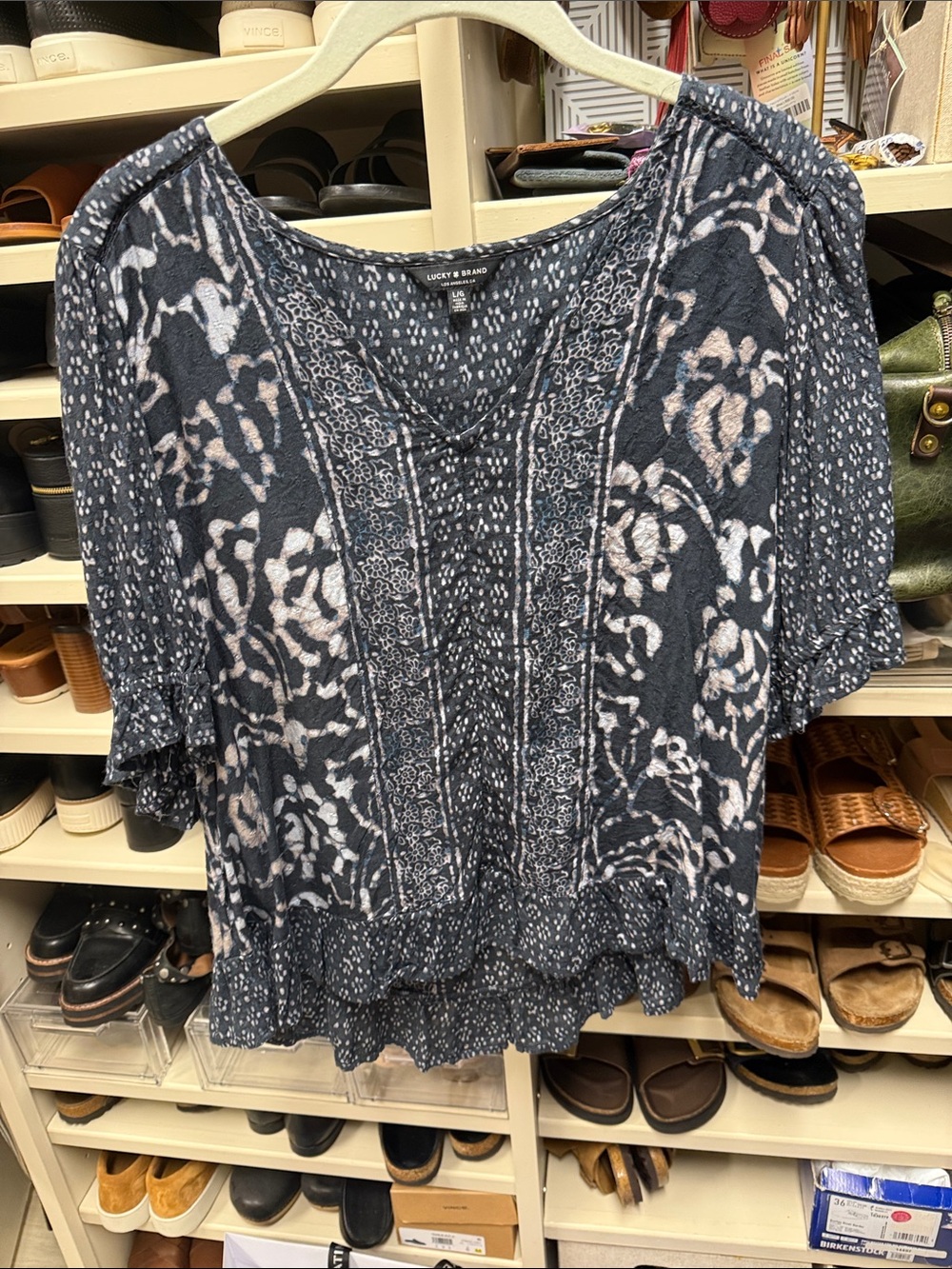 Lucky Brand Blue & Ivory Floral Print V-Neck Peasant Blouse